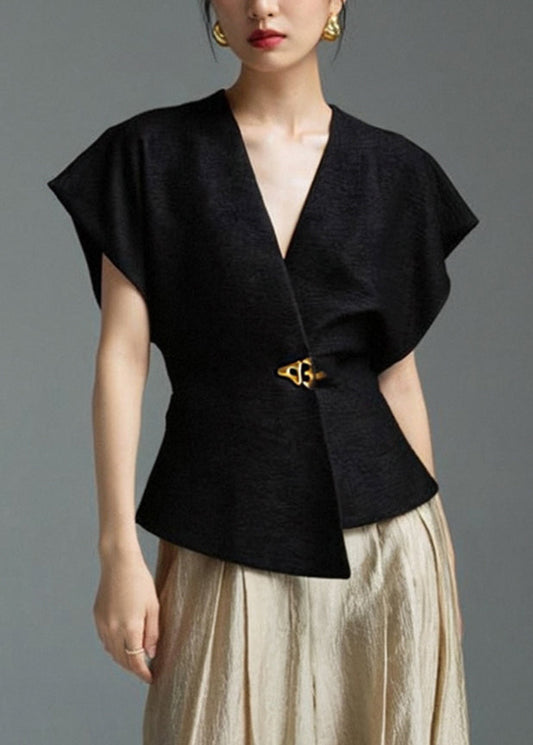 Black Solid Shirt Asymmetrical Sleeveless