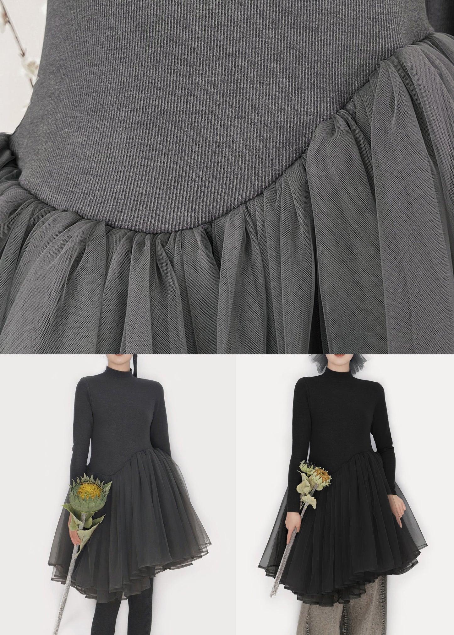 Schwarzes, einfarbiges Tüll-Patchwork-Winterminikleid mit Rollkragen