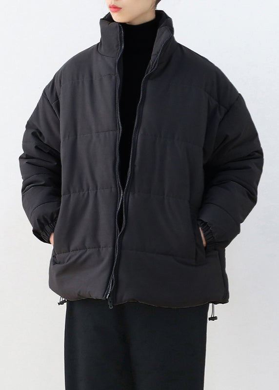 Schwarzer Stehkragen Kordelzug Dicker Parka Winter
