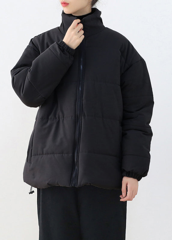 Schwarzer Stehkragen Kordelzug Dicker Parka Winter