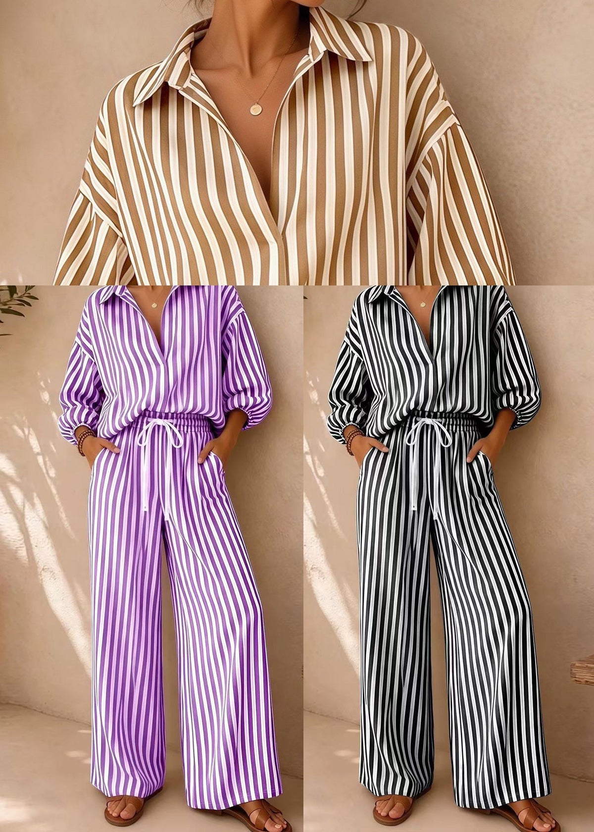 Black Striped Cotton Two Piece Set Outfits Oversized Fall