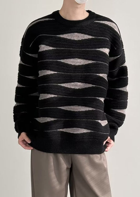Black Striped Patchwork Knit Winter Men Sweater O Neck