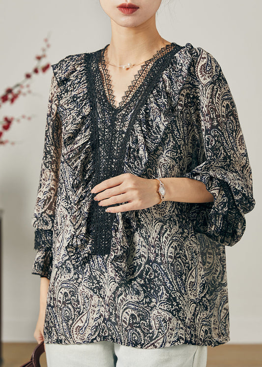 Schwarzes Tie Dye Chiffon Shirt Top Rüschen Sommer