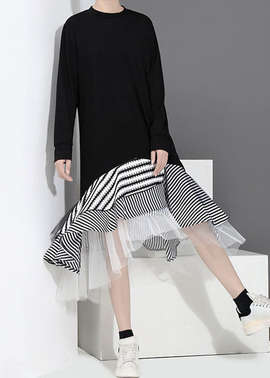 Schwarz Tüll Patchwork Urlaub Kleid O-Ausschnitt Rüschen Asymmetrische Frühling