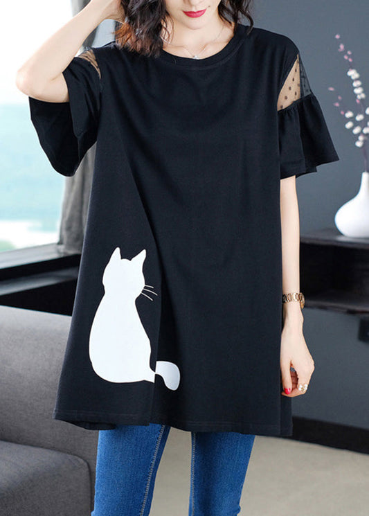 Black Tulle Patchwork Shirt Short Sleeve