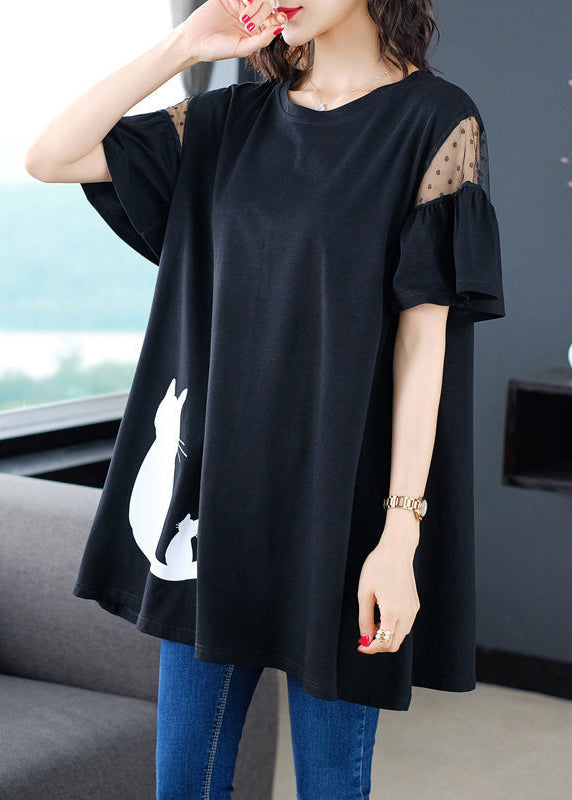 Black Tulle Patchwork Shirt Short Sleeve