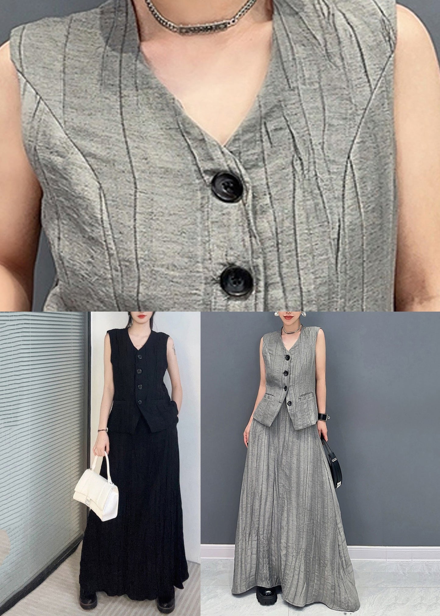 Black Waistcoat And Maxi Skirts Two Piece Set V Neck Sleeveless