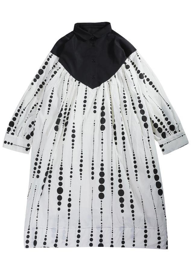 Black White Dot Circle Peter Pan Collar Cotton Long sleeve Dress - SooLinen