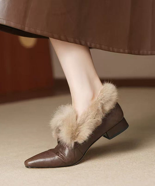 Zapatos planos negros de piel de vaca para mujer, cómodos y con entretela, forrados de lana afelpada.