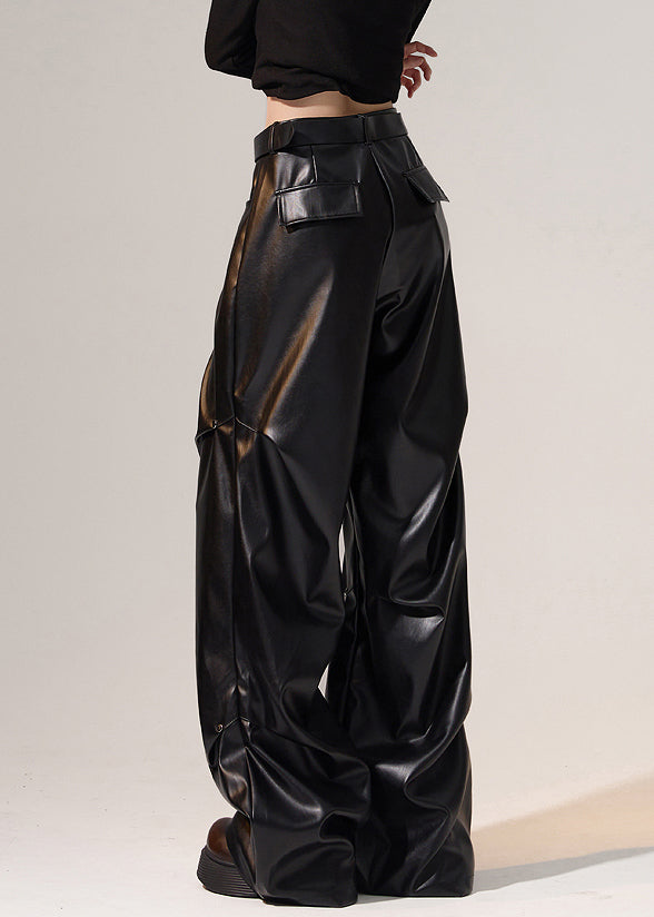 Schwarze, knitterige, hochtaillierte, warme Fleecehose mit weitem Bein für den Winter