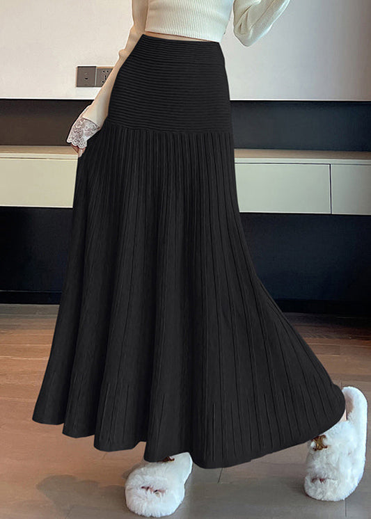 Black Wrinkled Knit A Line Skirts High Waist