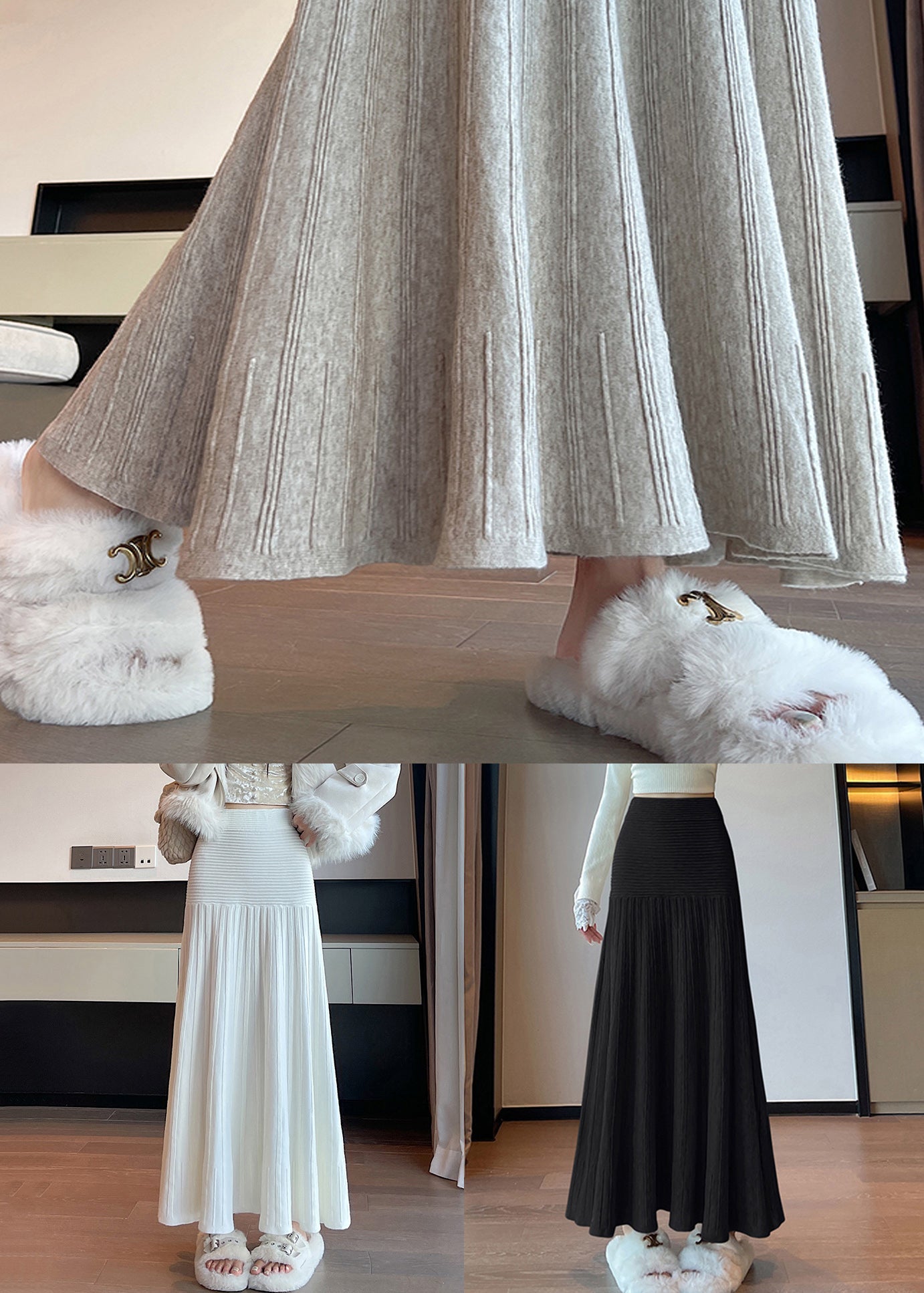 Black Wrinkled Knit A Line Skirts High Waist