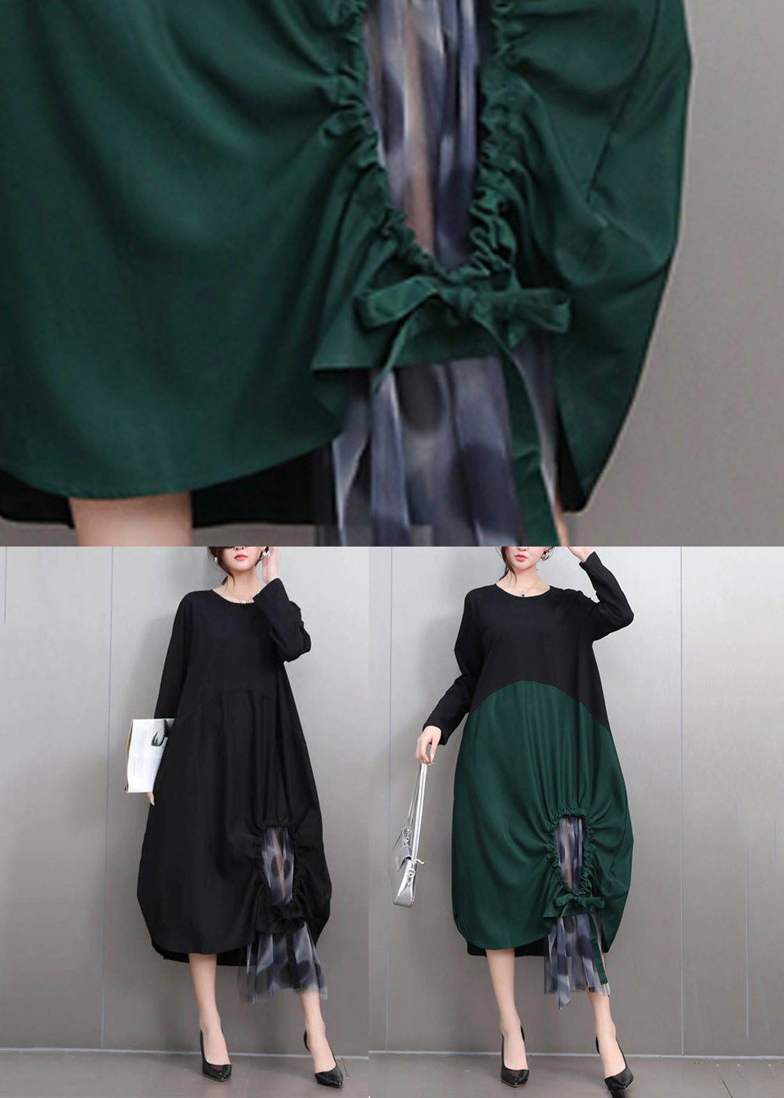 Black Wrinkled Patchwork Maxi Dress Fall