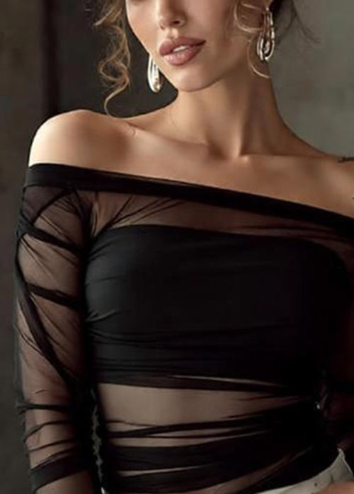 Black Wrinkled Perspective Tulle T Shirt Slash Neck