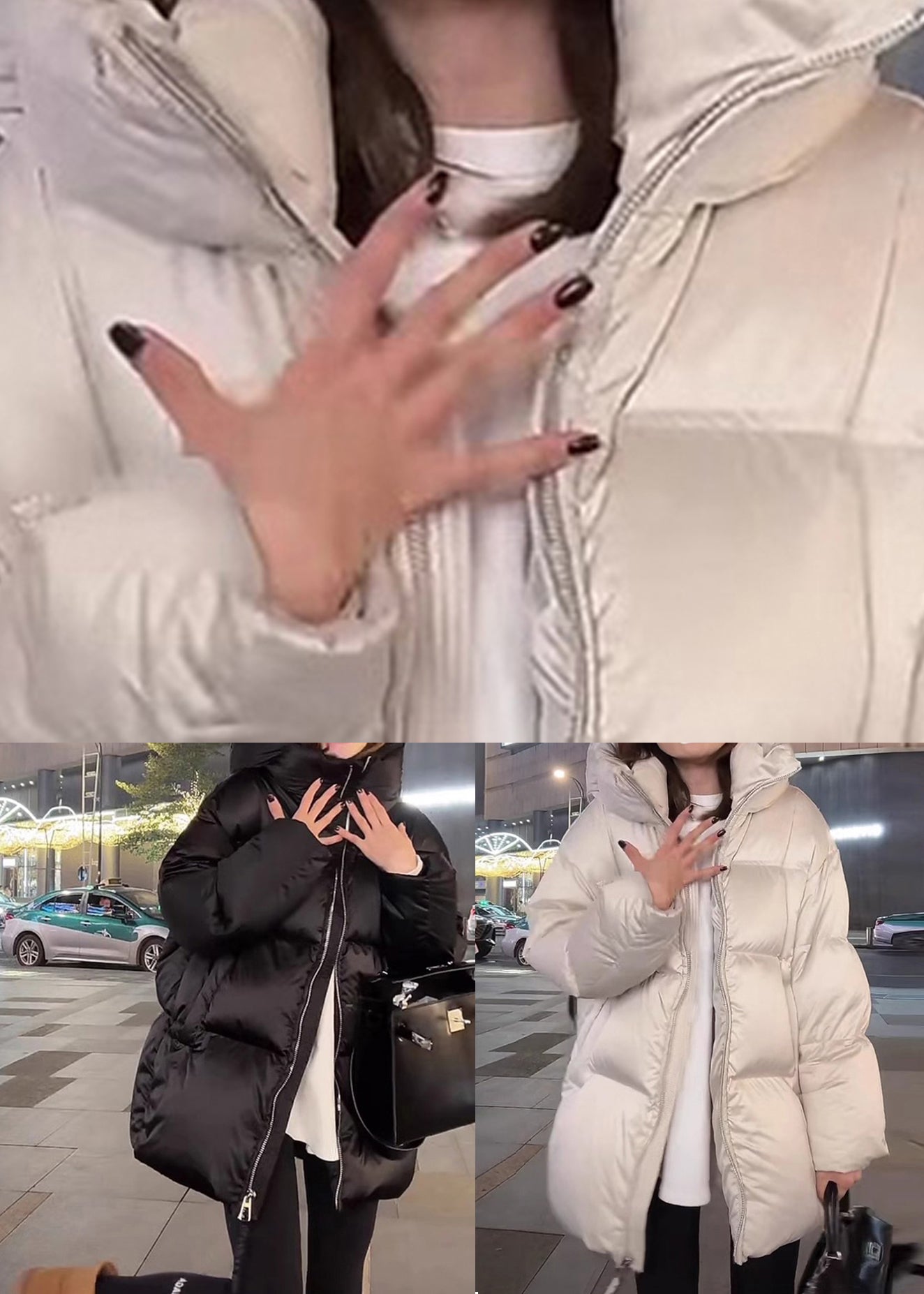 Schwarzer, gefütterter Daunenmantel mit Kapuze und Reißverschluss, Laternenärmel