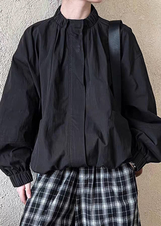 Black Zippered Patchwork Solid Jacket Spring