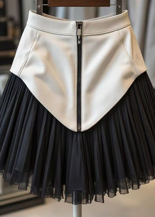 Black Zippered Tulle Patchwork Faux Leather Skirts Wrinkled