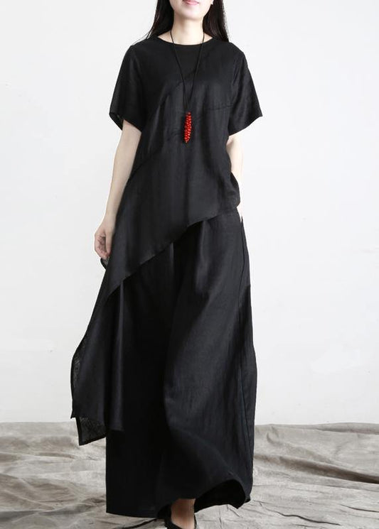 Black asymmetrical Design Linen Long Shirt Wide Leg Pants Summer - SooLinen