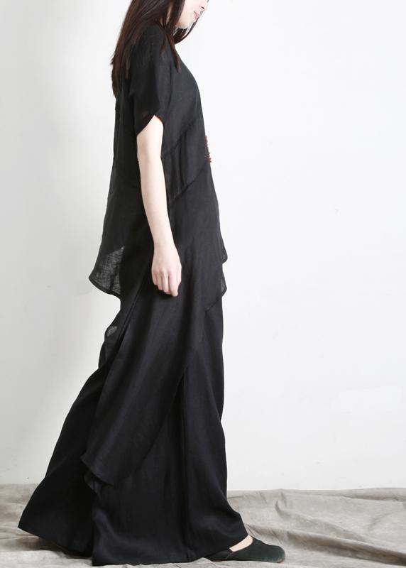 Black asymmetrical Design Linen Long Shirt Wide Leg Pants Summer - SooLinen