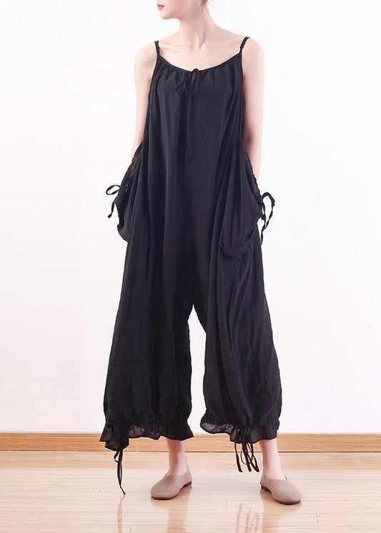 Black loose drawstring suspender wide leg jumpsuit - SooLinen