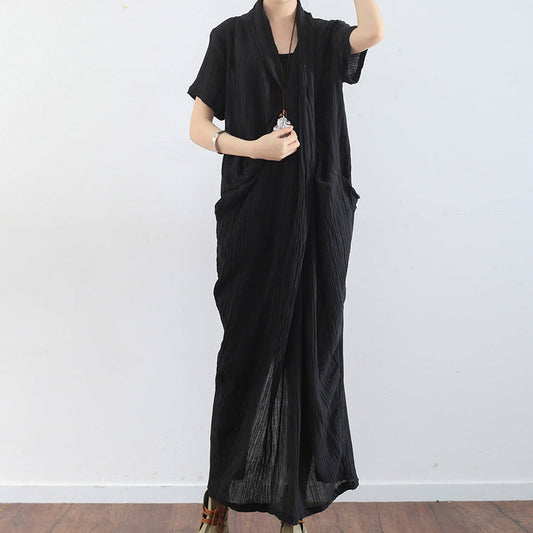 Schwarzes Leinenkleid mit Struktur, Sommerkleid in Übergröße, Leinen-Sommerkleid, Kaftan, Oversize-Kleid