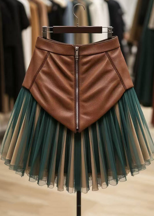 Blackish Green Zippered High Waist Tulle Patchwork Faux Leather Skirt