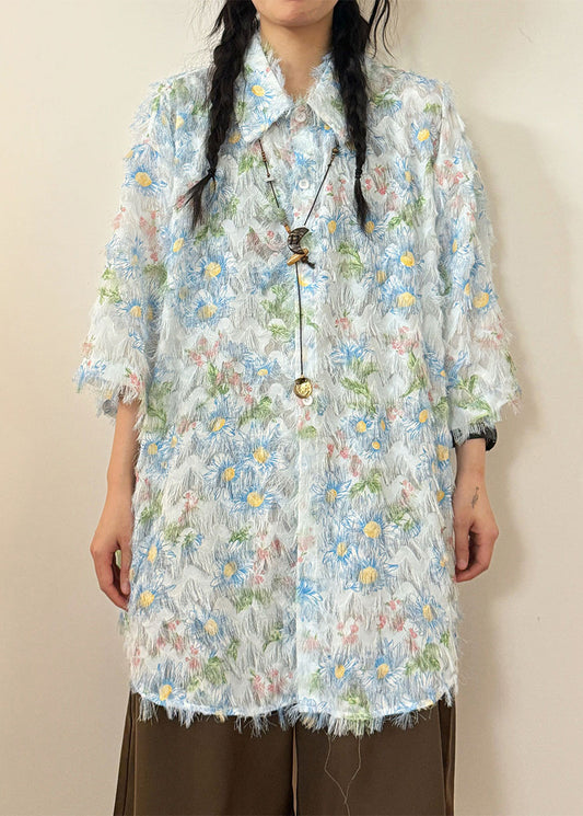 Blue Button Tasseled Cotton Shirt Peter Pan Collar Short Sleeve
