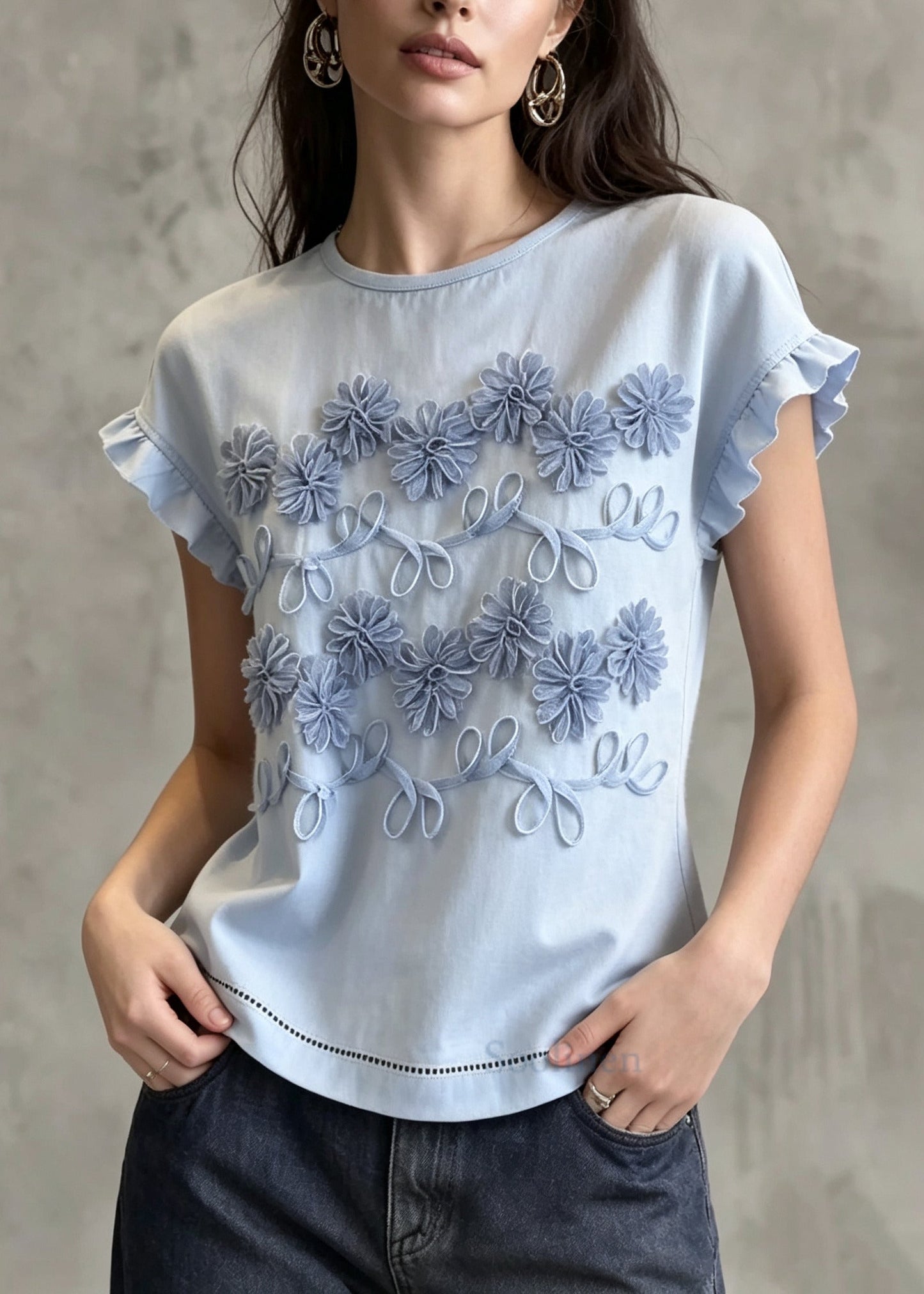 Blue Cotton Blouses Embroidered Ruffled Summer