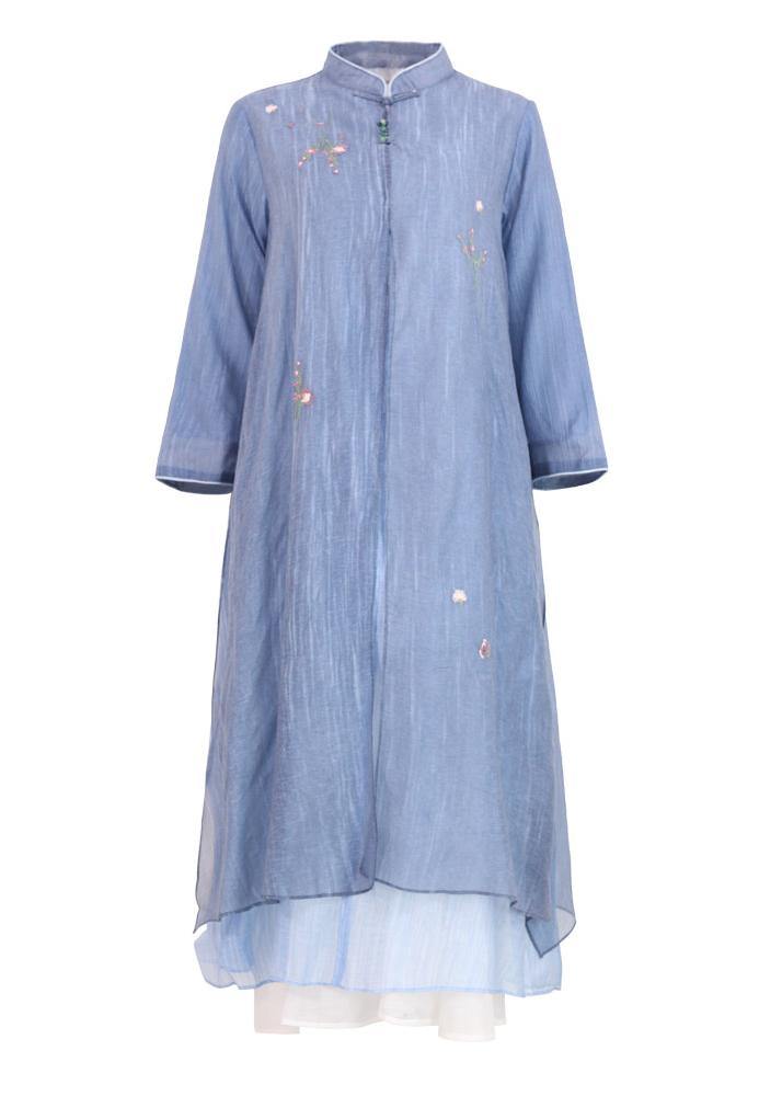 Blue Embroideried Patchwork Button Summer Blended Holiday Dress - SooLinen
