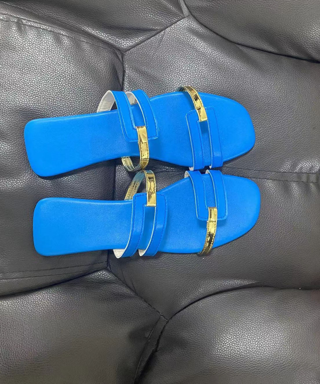 Blaue Flats Slide Sandalen Kunstleder Fein Splicing Peep Toe