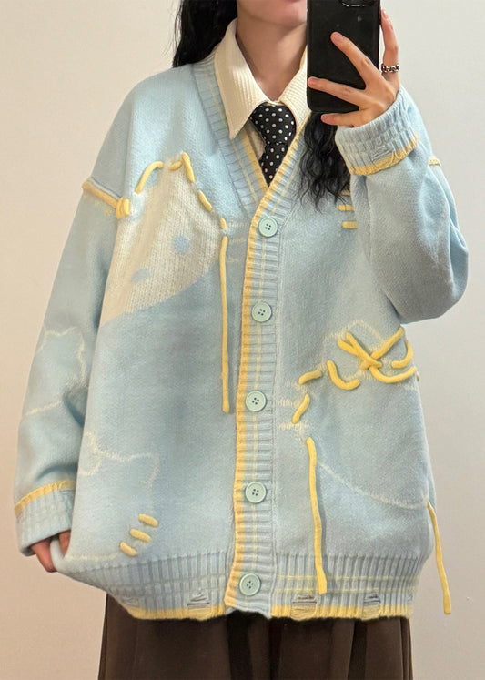 Blue Hole Cats Patchwork Knit Coats V Neck