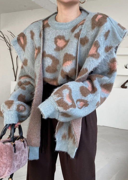 Conjunto de dos piezas de punto acogedor en jacquard azul con cuello redondo para invierno