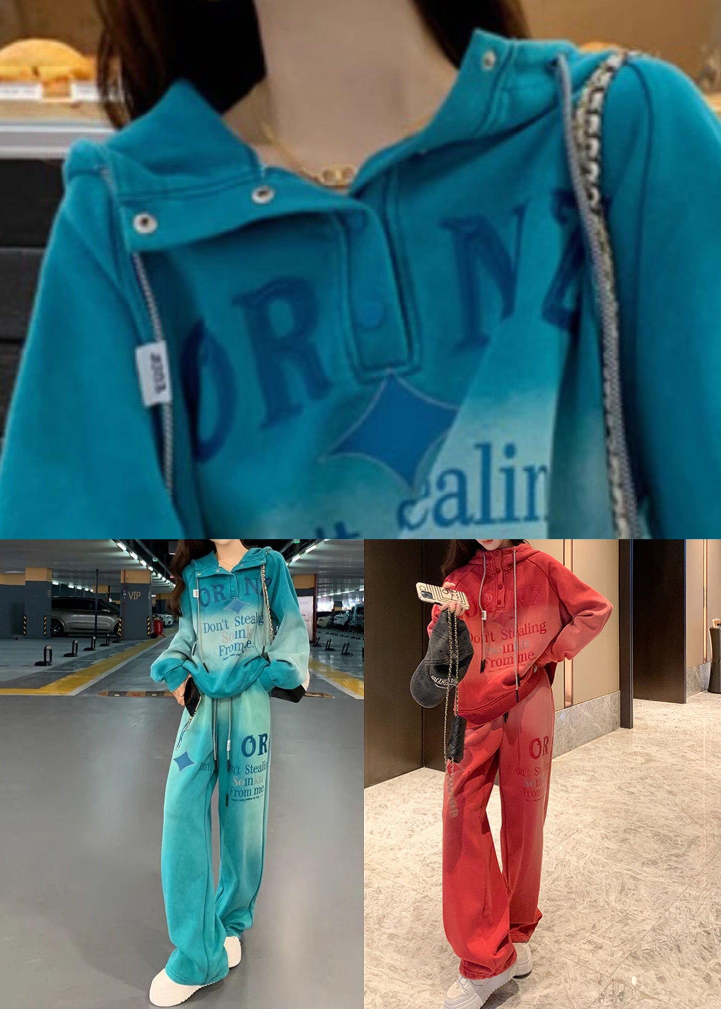 Conjunto de dos piezas de sudadera y pantalón con letras azules de forro polar cálido con capucha