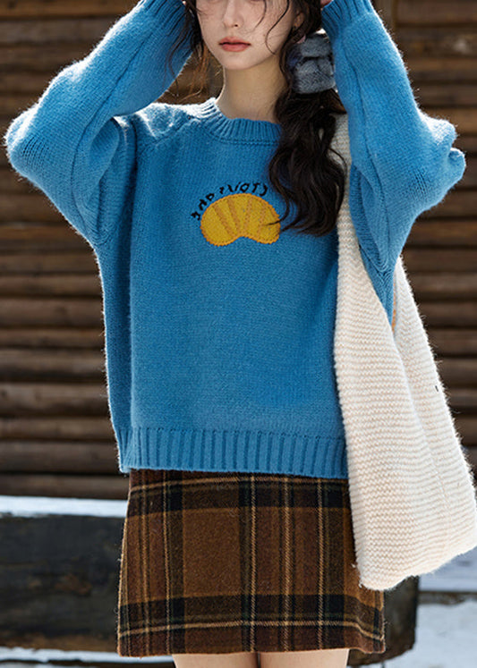 Blue O-Neck Patchwork Cozy Cotton Knit Sweater Spring