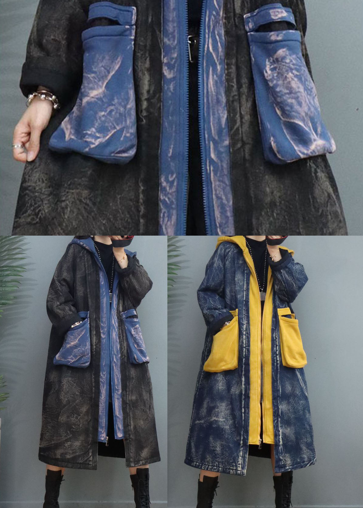 Blue Patchwork Fine Cotton Filled Hooded Winter Coat
