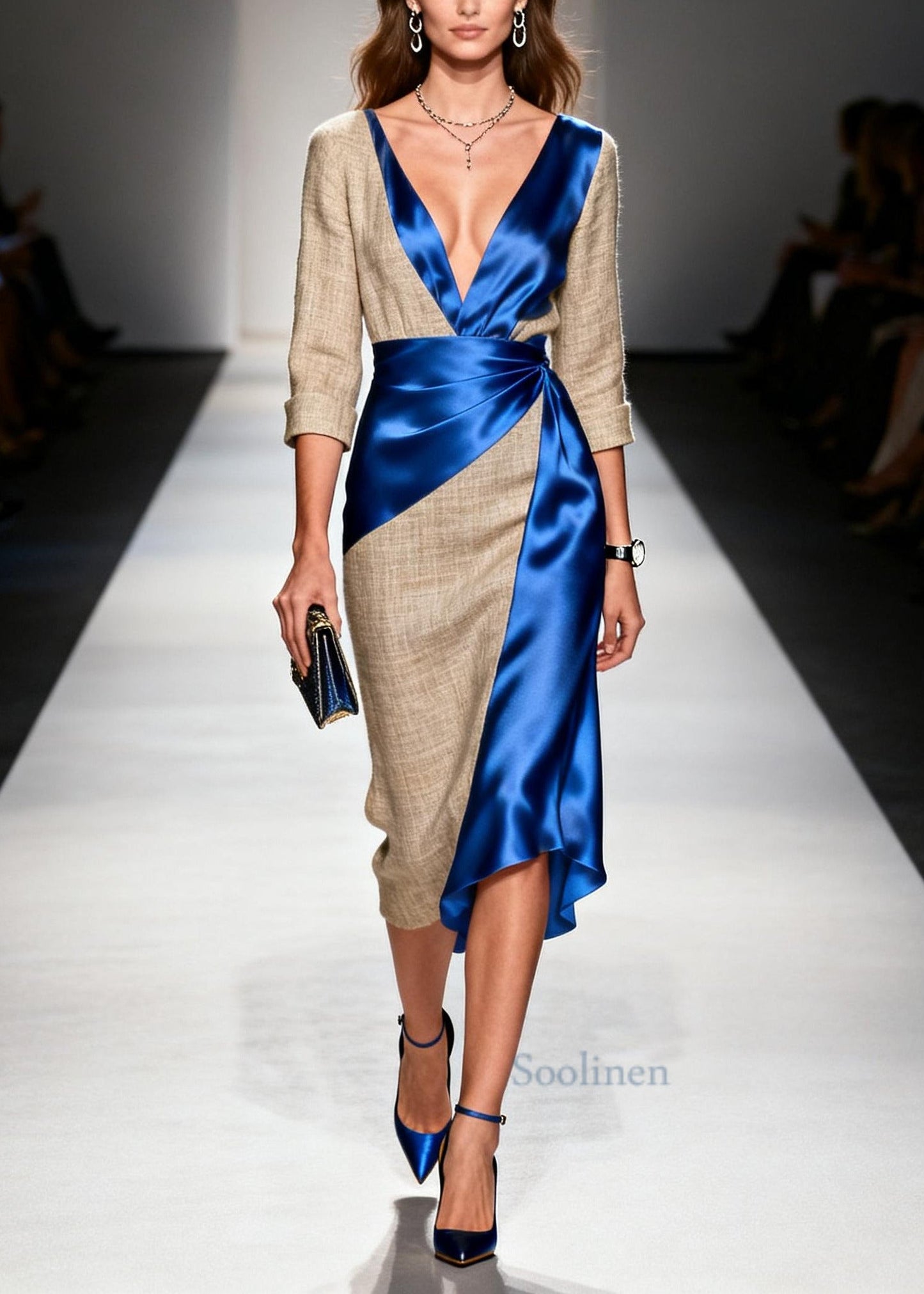 Blue Patchwork Linen Silk Dress Asymmetrical Design Summer