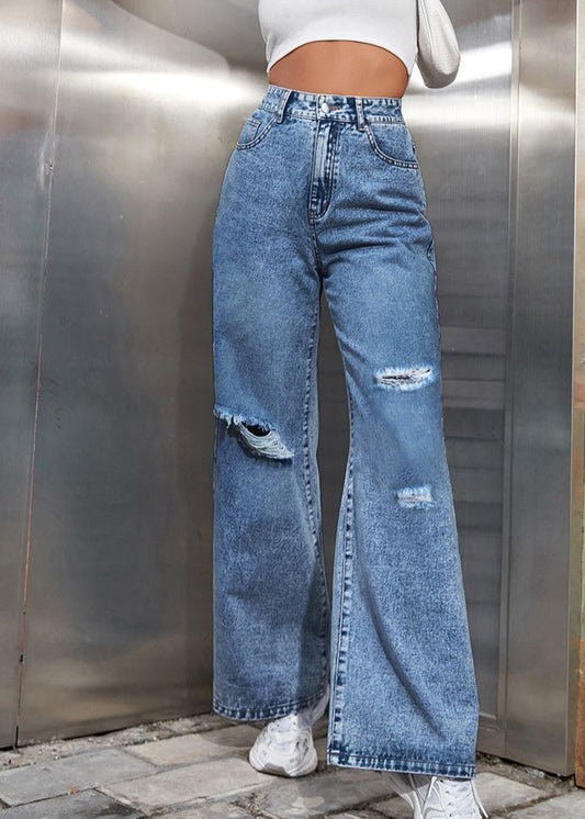 Blaue Patchwork-Jeans mit Taschen und Rissen für den Herbst