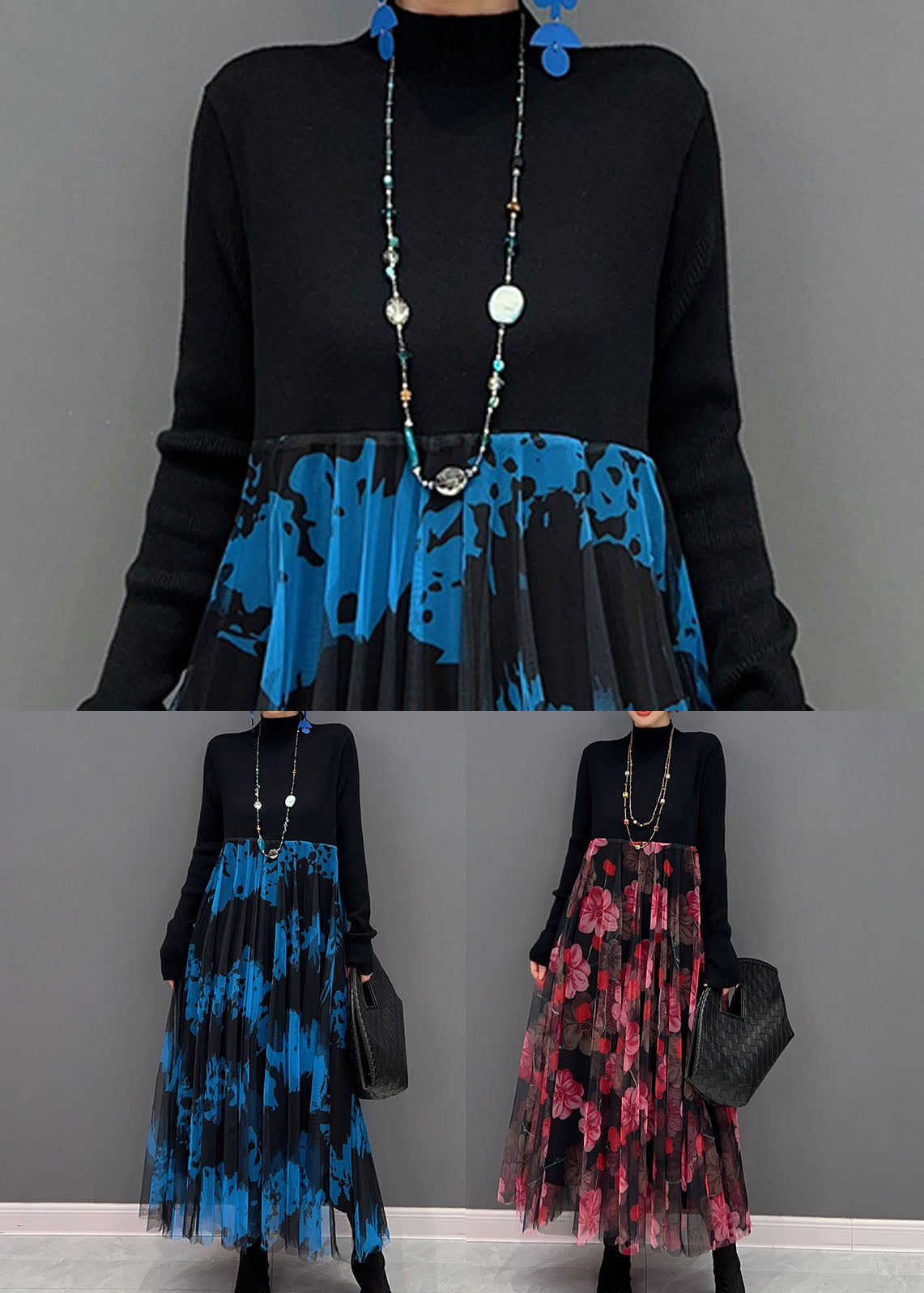 Blau Patchwork Tüll Strick Party Kleid Stehkragen Slim Fit Frühling