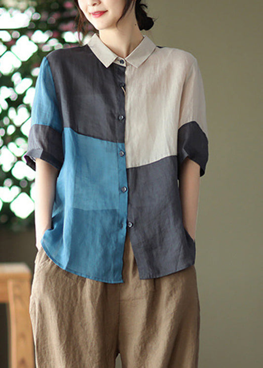 Top de manga corta de ramio liso con patchwork a cuadros azules