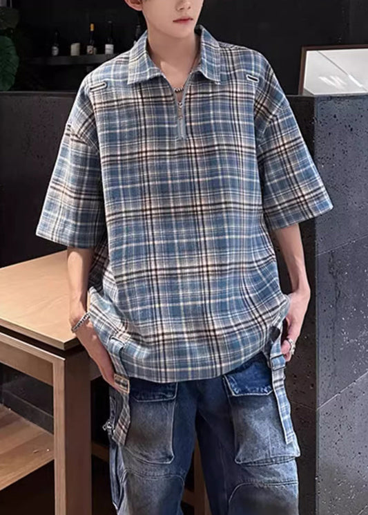 Blue Plaid Zip Up Cotton Men Shirts Peter Pan Collar Summer