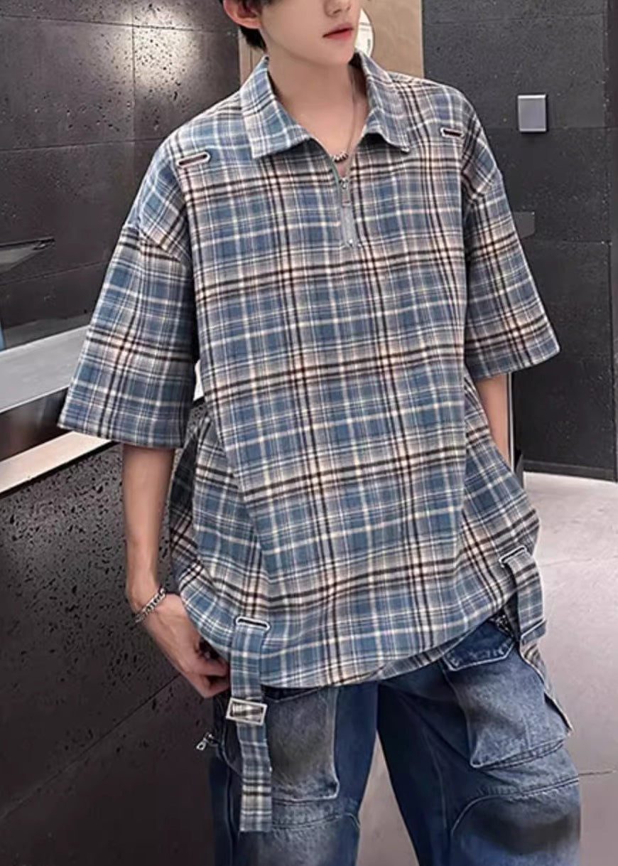 Blue Plaid Zip Up Cotton Men Shirts Peter Pan Collar Summer