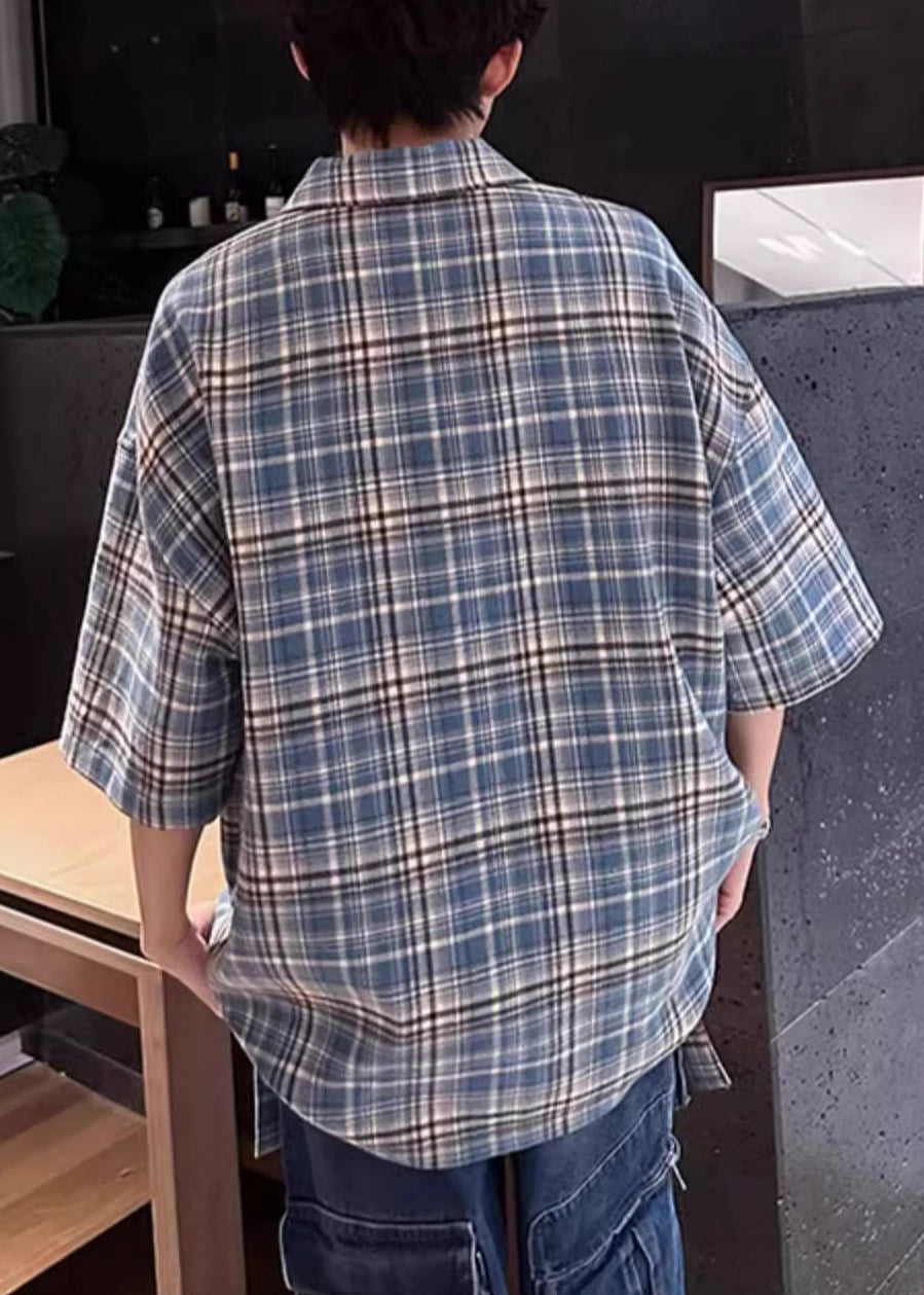 Blue Plaid Zip Up Cotton Men Shirts Peter Pan Collar Summer