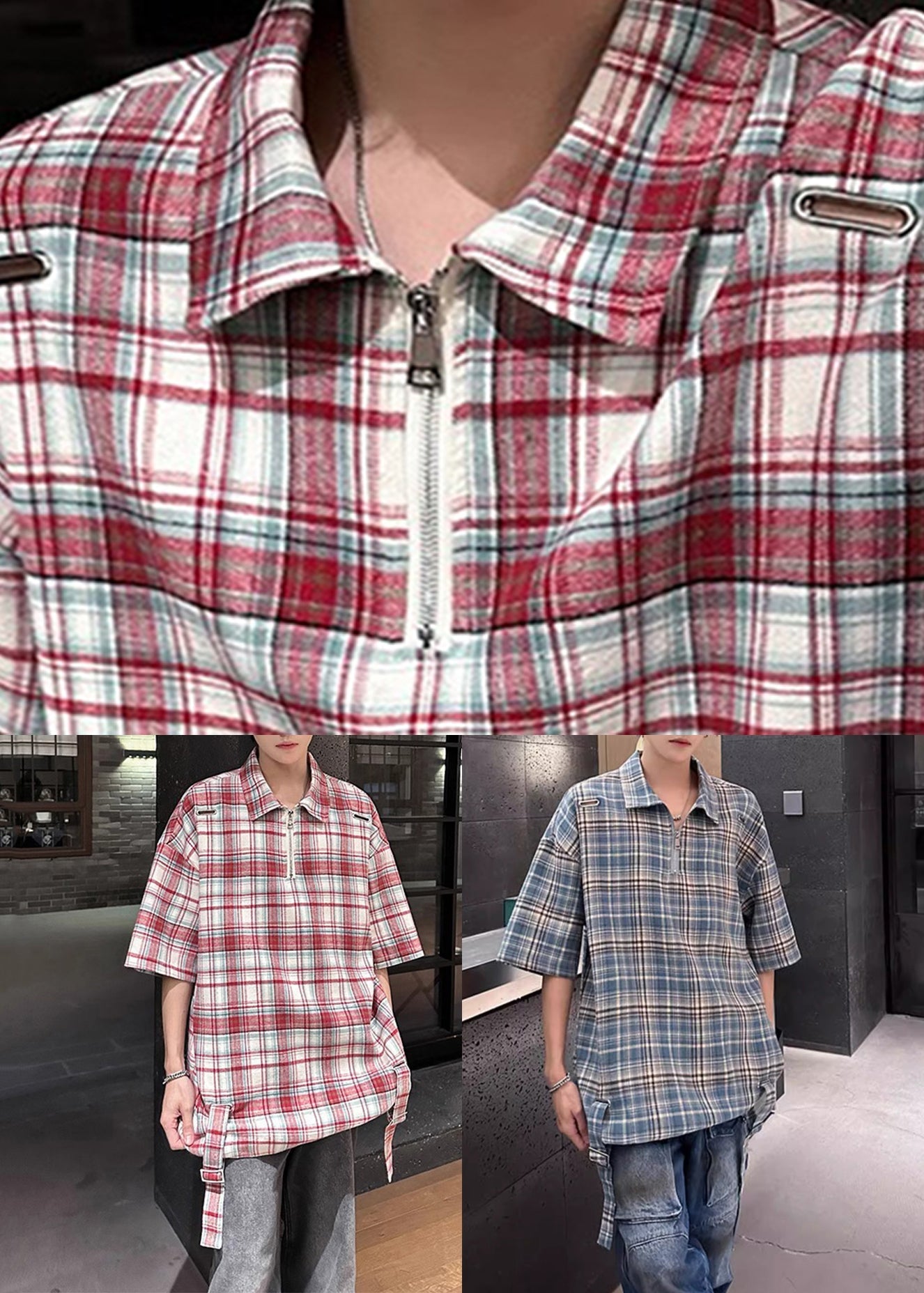 Blue Plaid Zip Up Cotton Men Shirts Peter Pan Collar Summer