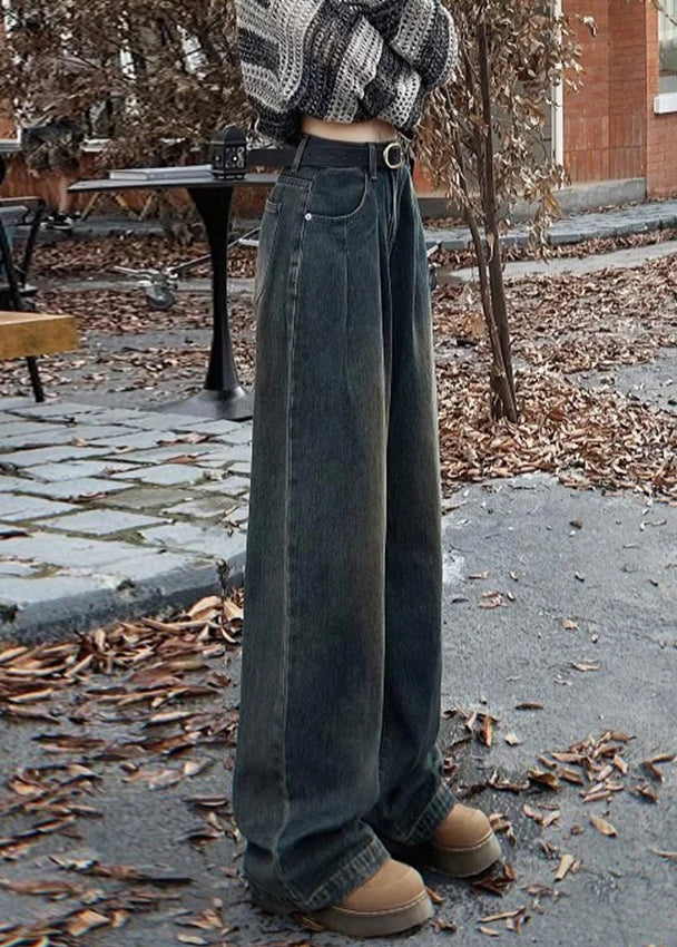 Blaue Fleecejeans mit Taschen, hoher Bund, hohe Taille, Winter