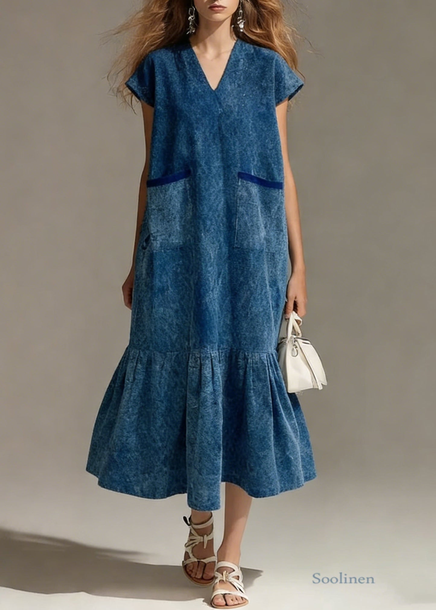 Blue Pockets Wrinkled Denim Long Dress V Neck Summer