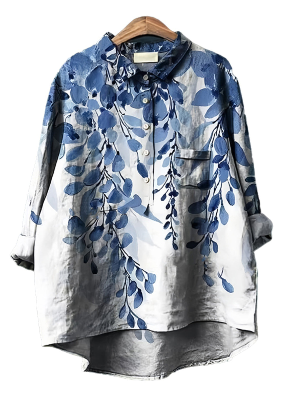 Blue Print Cotton Blouse Tops Oversized Spring