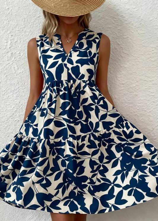 Blue Print Cotton Tea Dress V Neck Summer