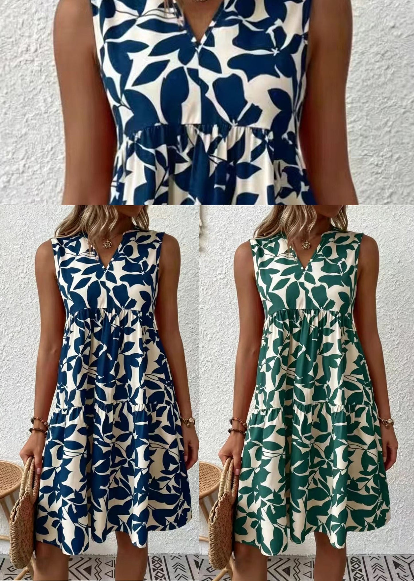 Blue Print Cotton Tea Dress V Neck Summer