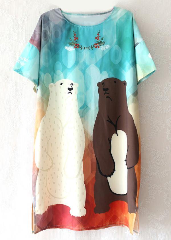 Blue Print O-Neck Animal Cute Summer Dresses Short Sleeve - SooLinen