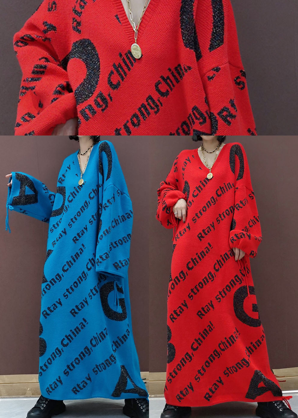 Blauer Print lockerer Strickpullover langes Kleid Frühling